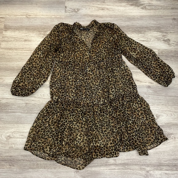 Zara Sheer Leopard Print 3/4 Sleeve Babydoll Dress Above the Knee Size XS - Picture 4 of 10